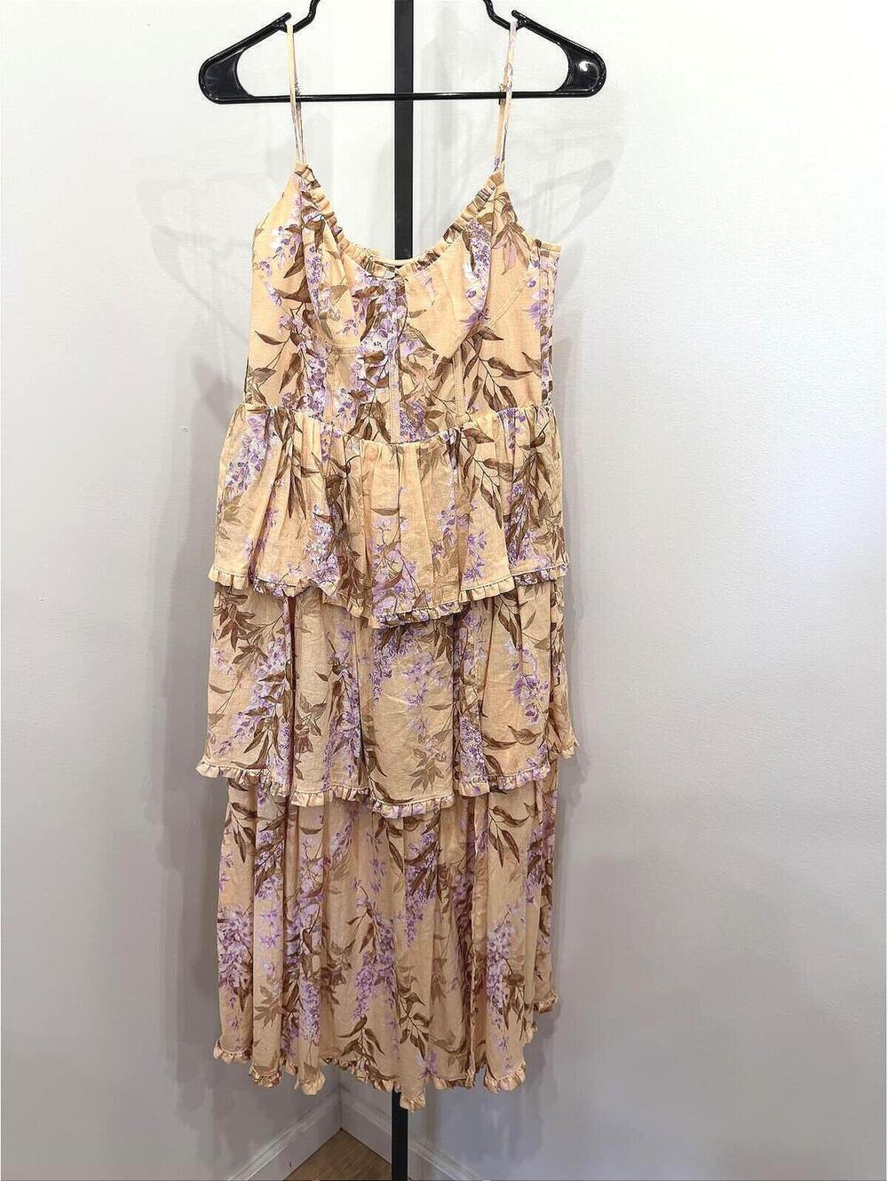 House of Harlow Linen Bustier Lace-up-back Tiered Maxi Dress Size Small